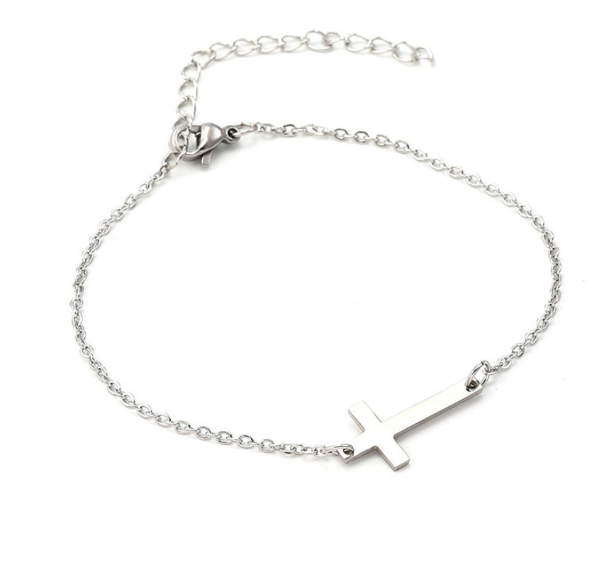 316L Stainless Steel Women Girl Cross Sideway Bracelet Chain 6.5+2″ PE49
