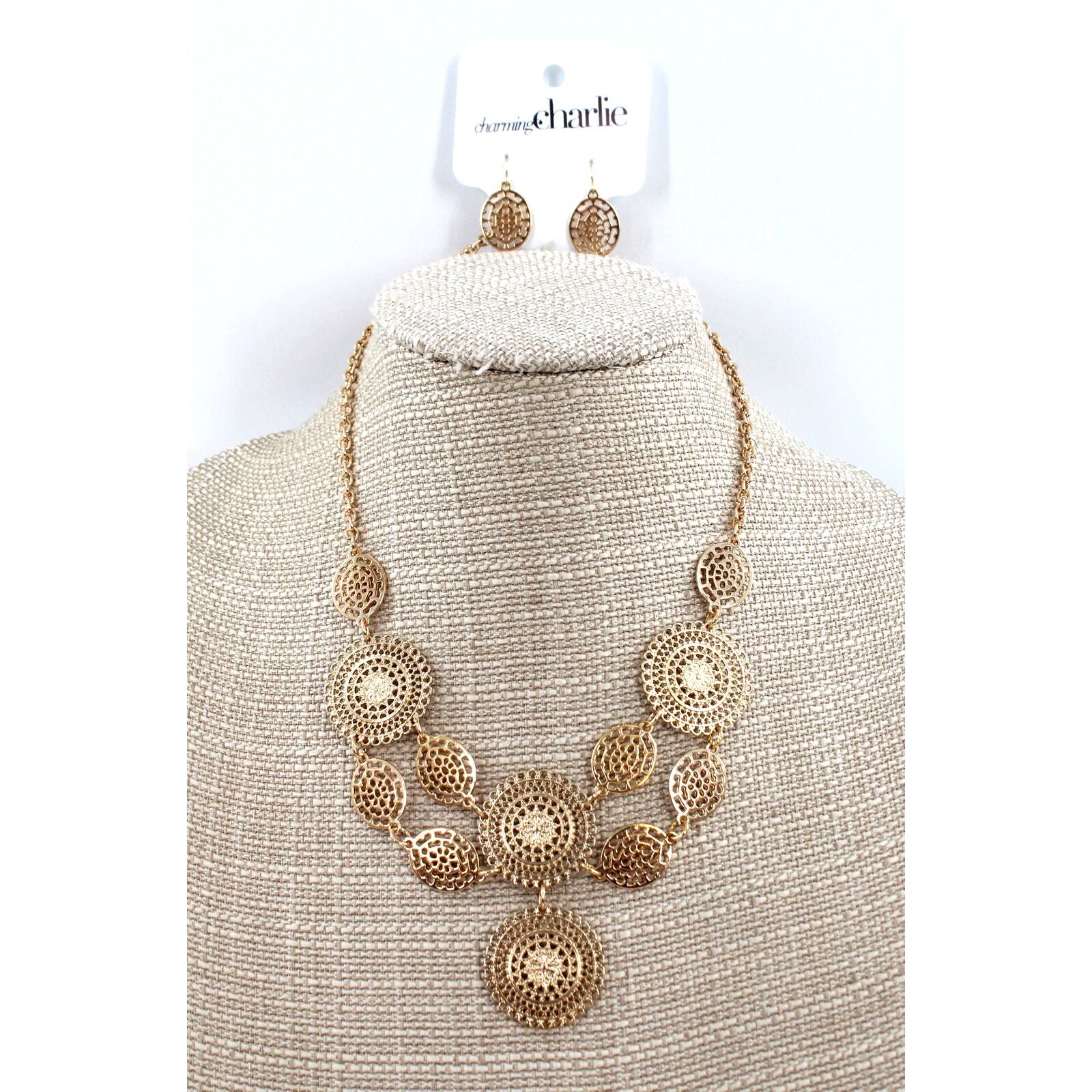 Gold Tone Statement Necklace & Earring Set by Charming Charlie #N2599