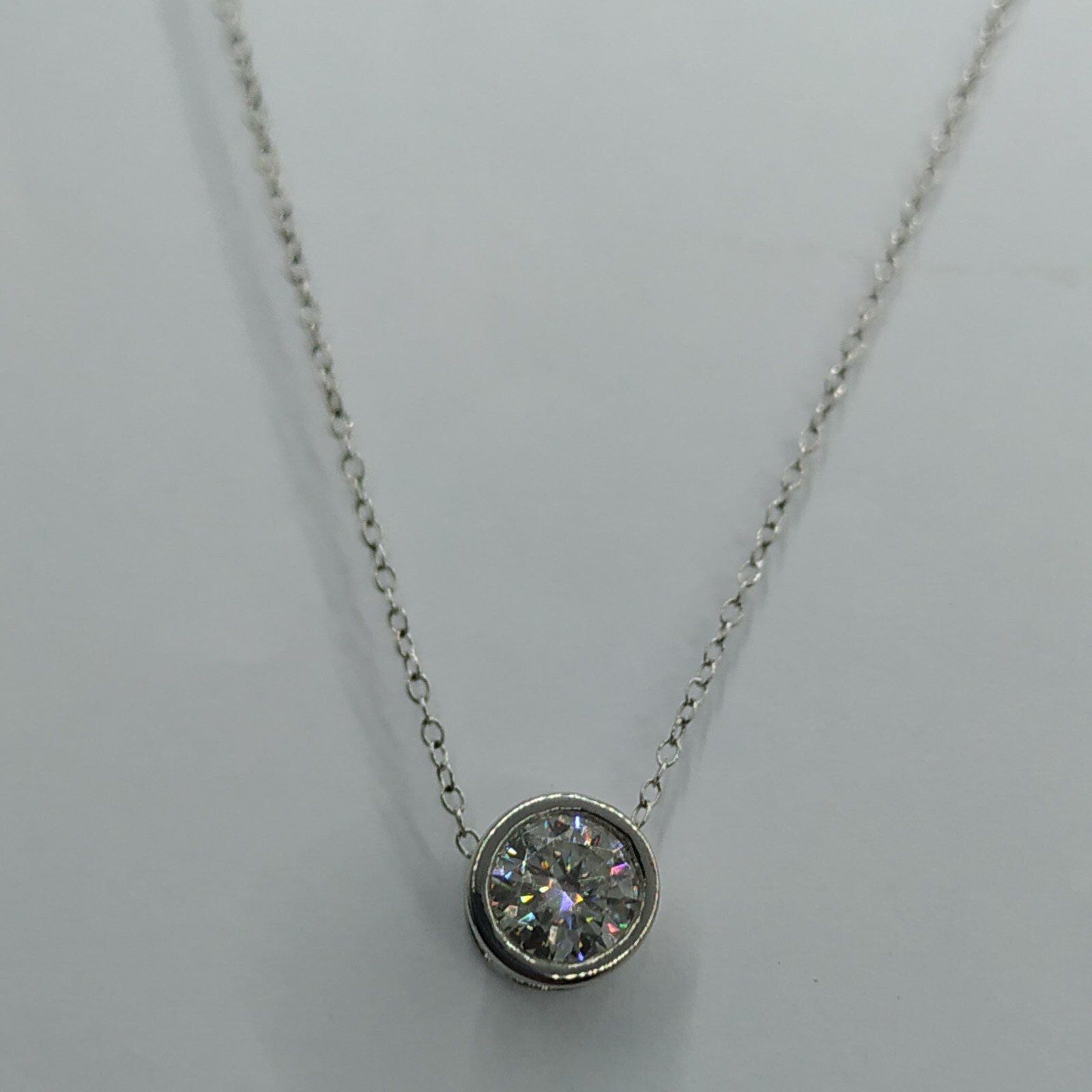 14K White Gold Plated 1.10 Ct Bezel Set Solitaire Real Moissanite Pendant Chain