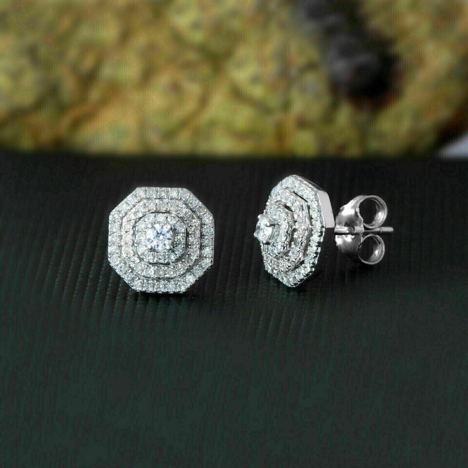 2Ct Round Cut Simulated Diamond Halo Pretty Stud Earrings 14K White Gold Plated