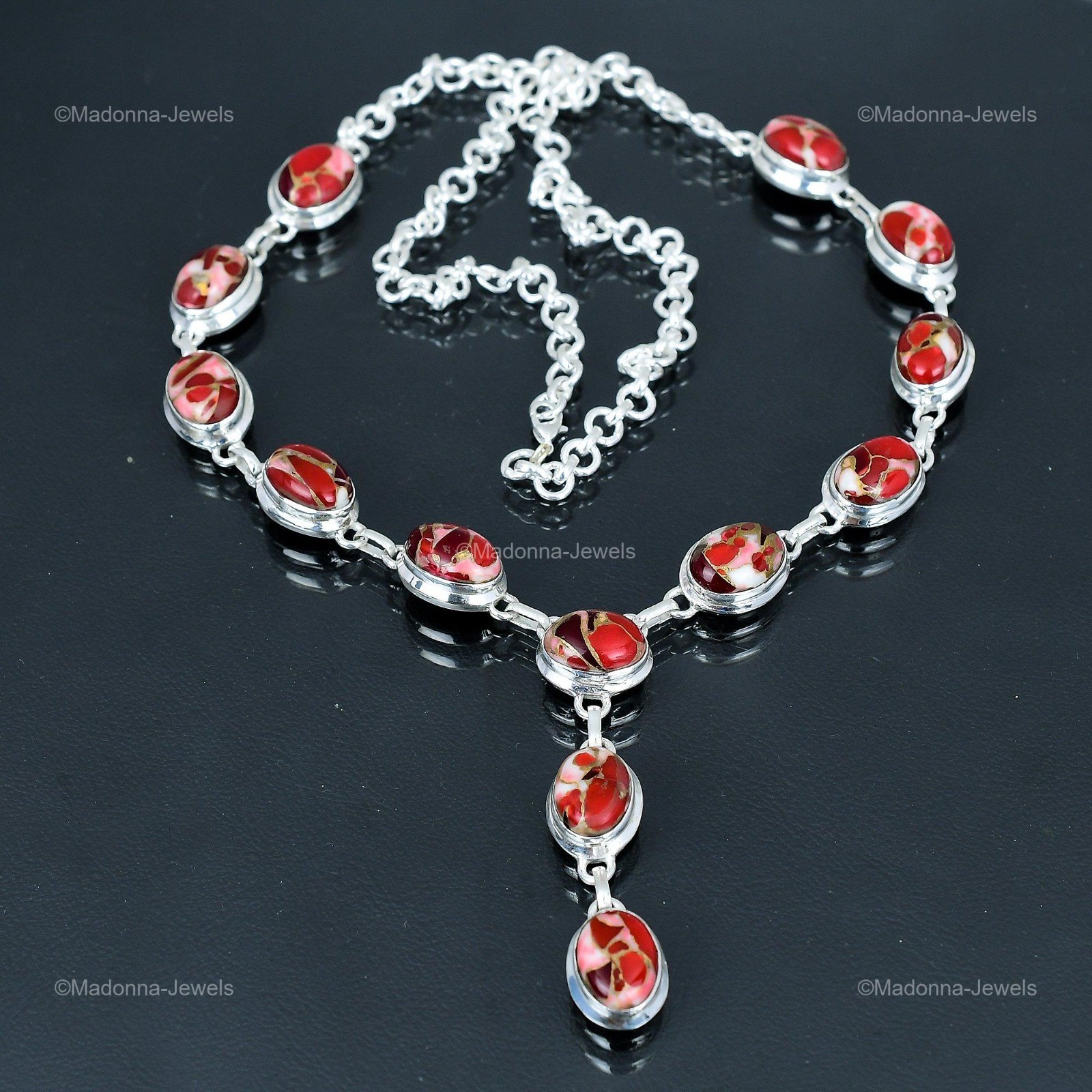 925 Silver Oval Kingman Red Mohave Copper Turquoise Stone Chain Necklace Jewelry