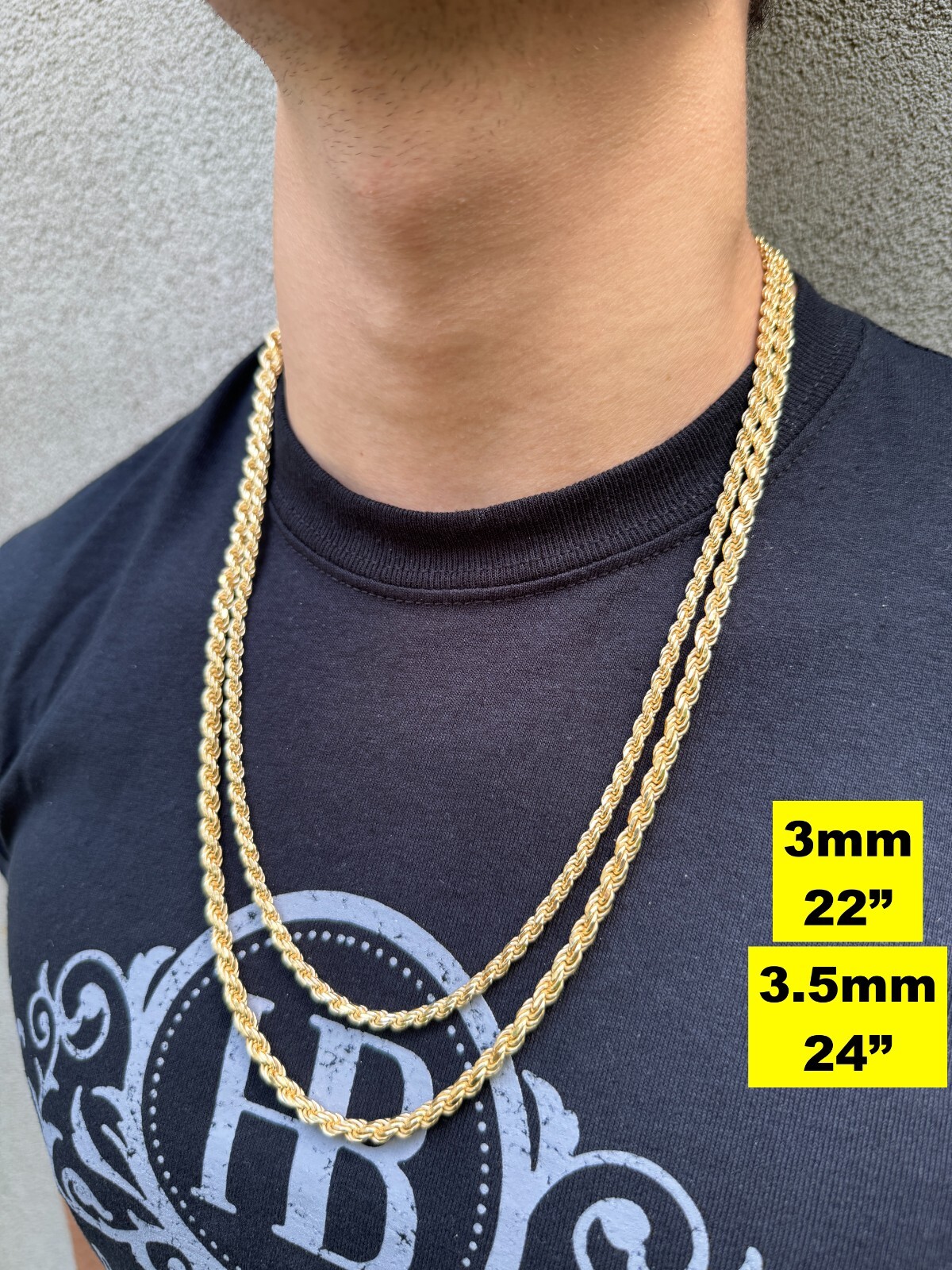 Cadena Rope de Plata 925 con Baño de Oro 14k para Hombre y Mujer 1.5-5mm