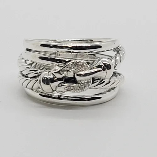 David Yurman Sterling Silver and Diamonds Buckle Crossover Ring Size 8