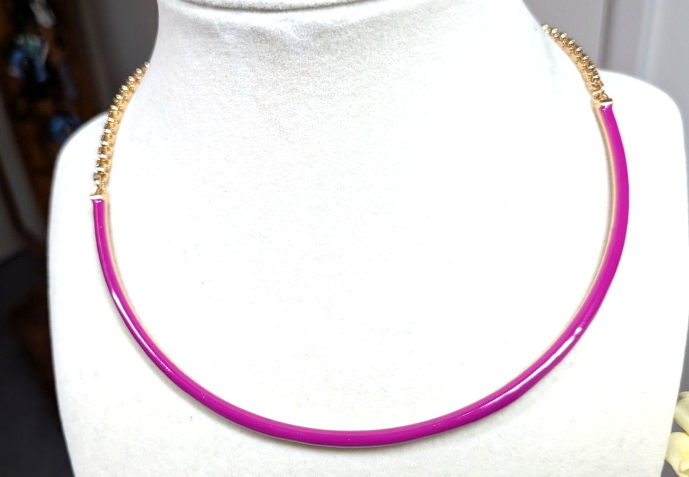 ON 34TH Pink or Black Enamel Choker Necklace Gold Chain 16″ Ret $39.50