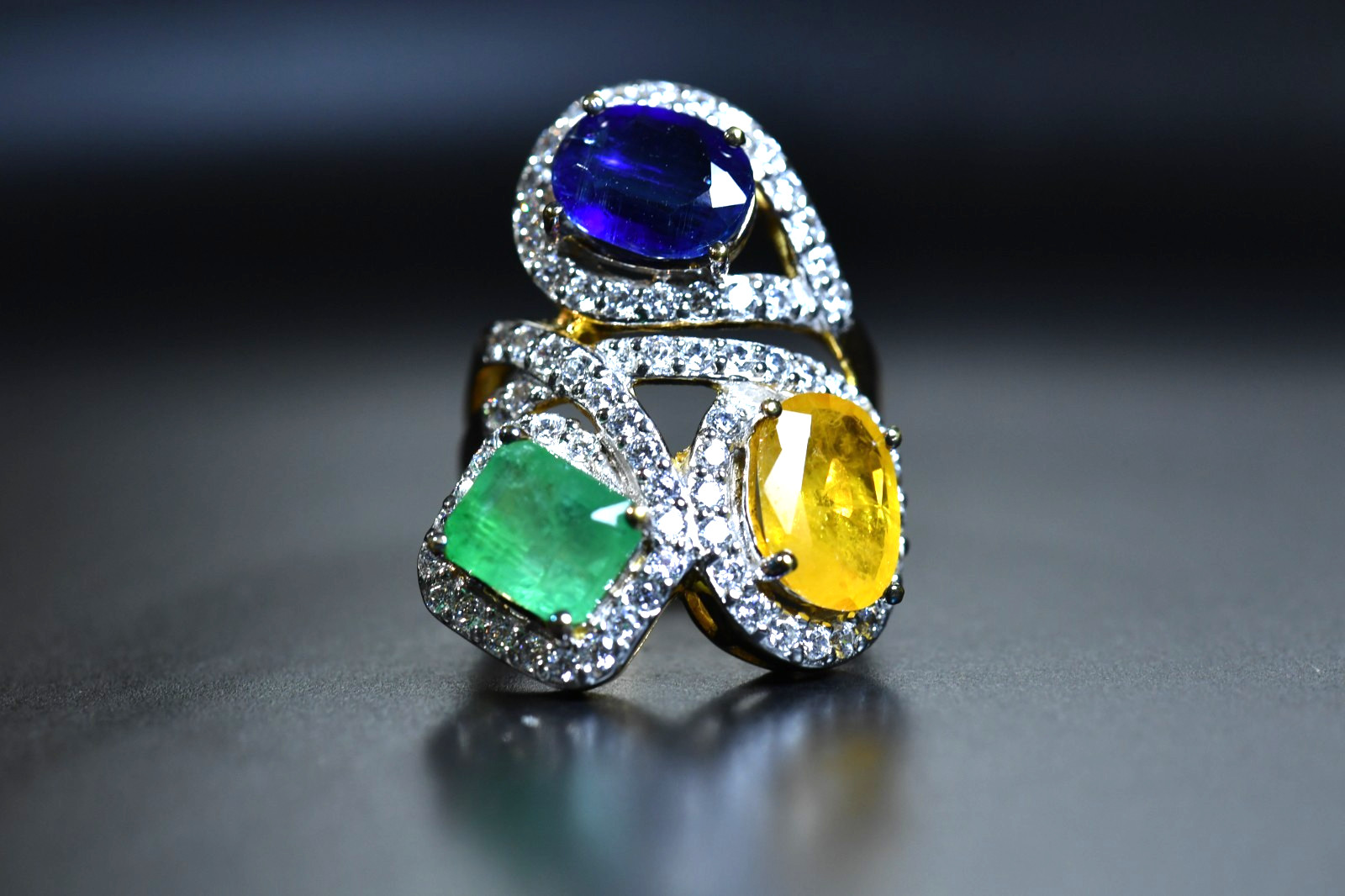 3 Stone Multi Gemstone Ring Emerald, Kyanite, Yellow, Sapphire surrounded CZ