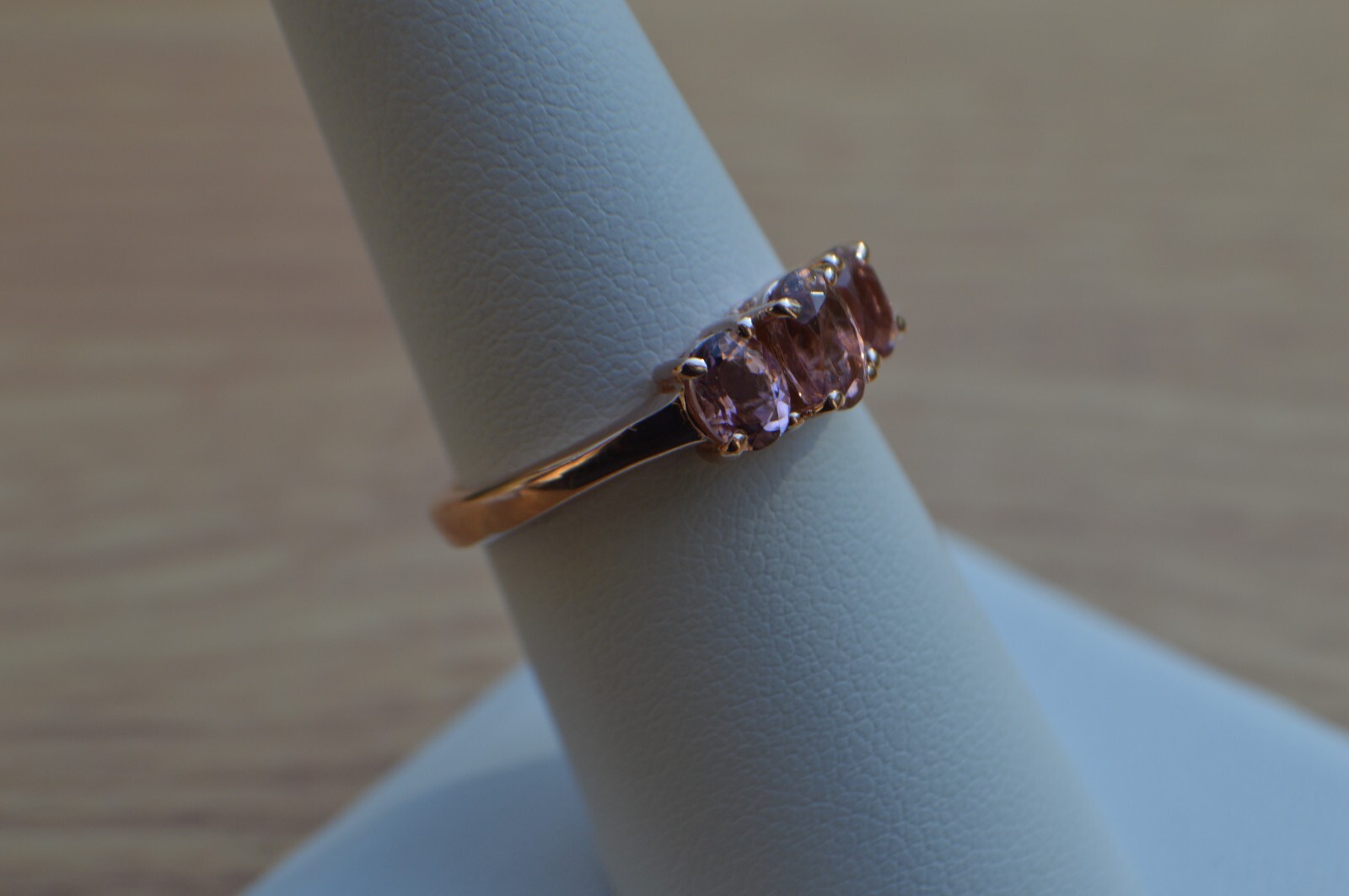 1.35ct Blush Tourmaline Three Stone Ring 18K Rose Gold over Fine Silver Size 7