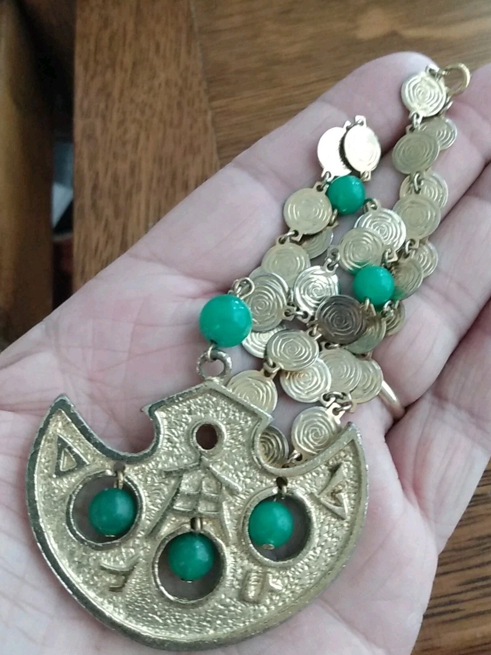Vintage signed LJM Asian Theme Chain & Pendant With Green Glass Balls