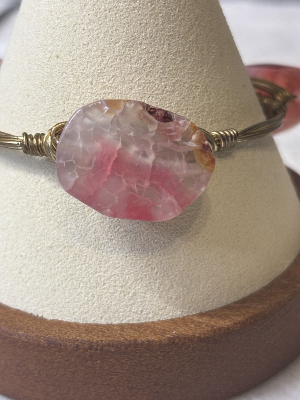 Bourbon & Bowties Gold Plated Wire Wrapped Pink Dyed Quartz Bangle Bracelet