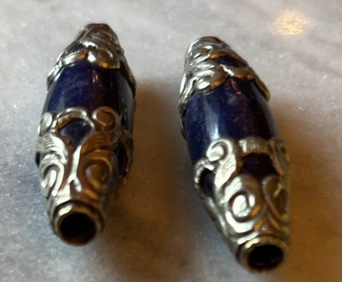 2pcs Tibetan Lapis Lazuli Silver Repousse Capped Handmade Beads 45x13mm CC534