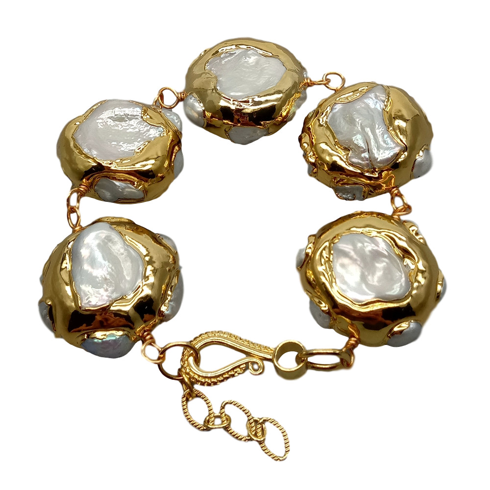 Freshwater Cultured White Keshi Pearl Electroplated 24k Gold Bracelet 8.5″