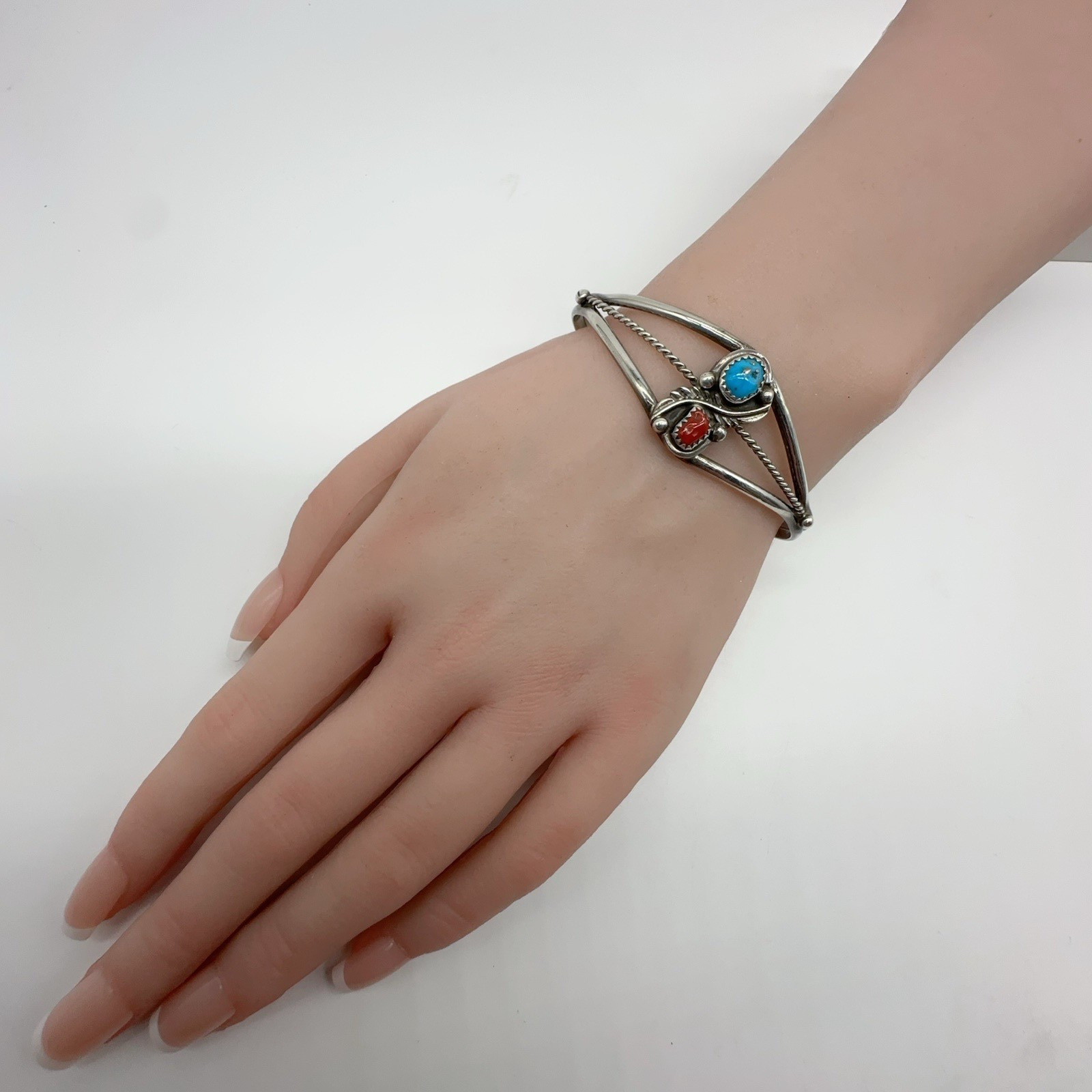 VTG Signed Native American Sterling Silver Turquoise Coral Cuff Bracelet 13g #bf