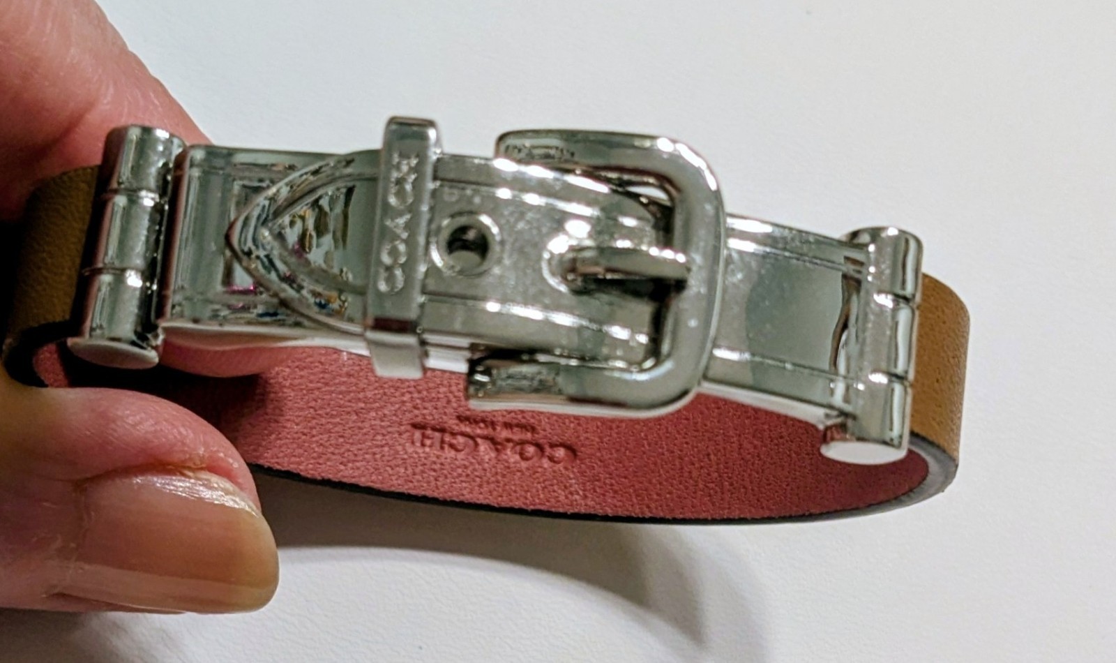 Coach Signed Brown Leather Cuff Bracelet Buckle Closure Silver Tone 7 in