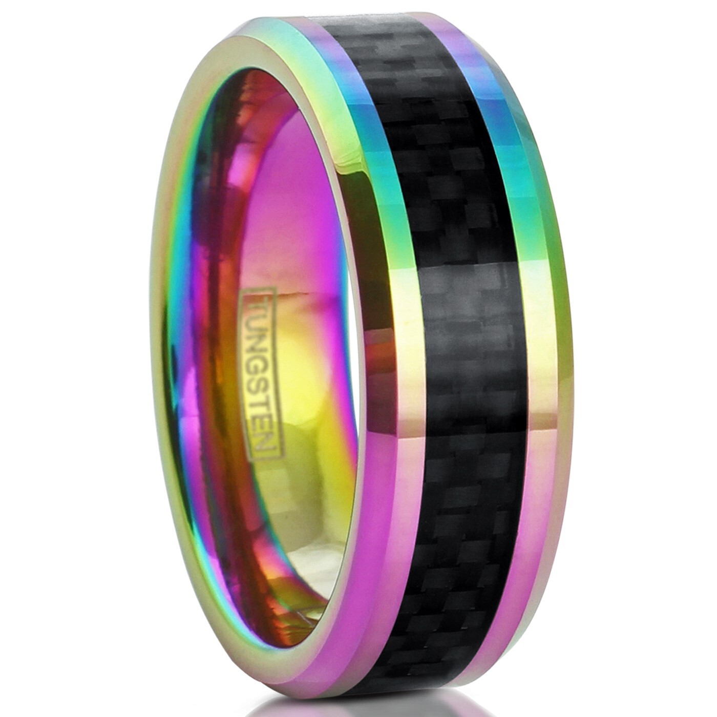 8mm Tungsten Men’s Rainbow with Black Carbon Fiber Wedding Band Ring