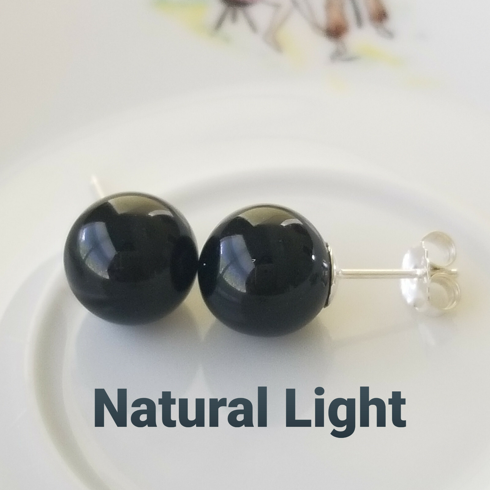 Solid 925 Sterling Sliver Natural Black Onyx 10mm Round Ball Stud Earrings