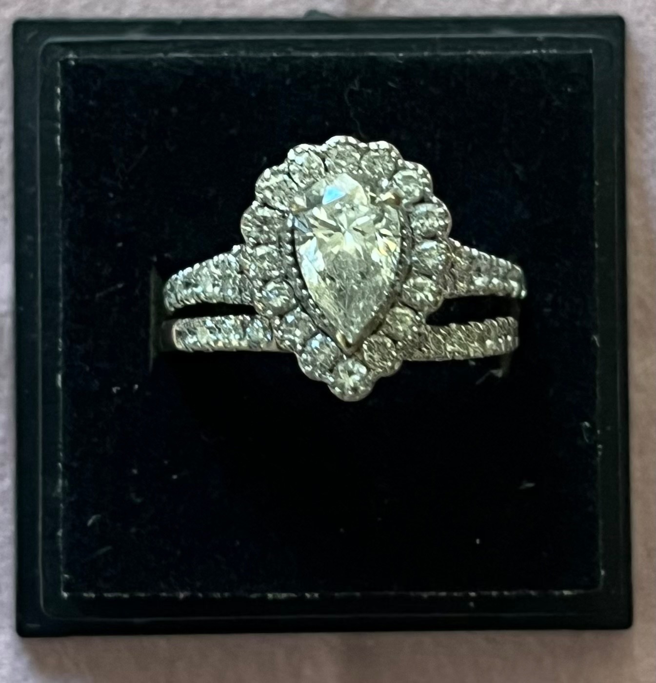 Lab created pear shaped wedding/engagement ring set size 4.5.