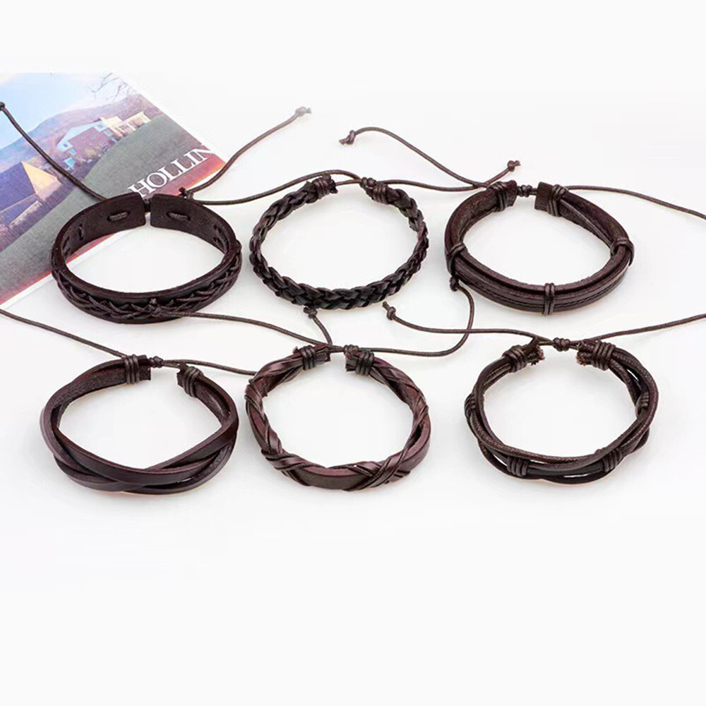 6PCS Braided Leather Brown Bracelet For Cuff Wrap Wristband Men Women Gift