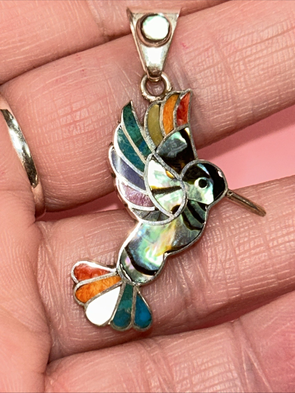 950 Silver Handmade Inlay Hummingbird Abalone Pendant From Peru 1.75”