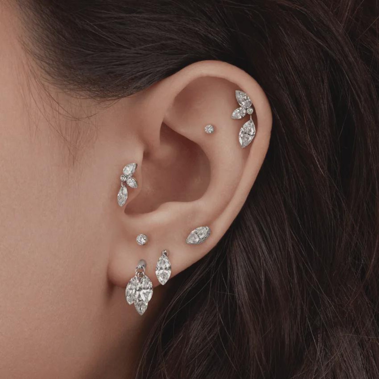 Floating Marquise Moissanite Helix Stud 925 Sterling Silver Flat Back
