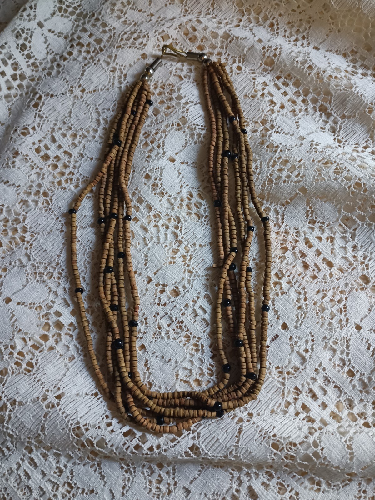 vintage Brown Wood Beaded Multi-Strand Ball/Bead Necklace Hook Closure 20in