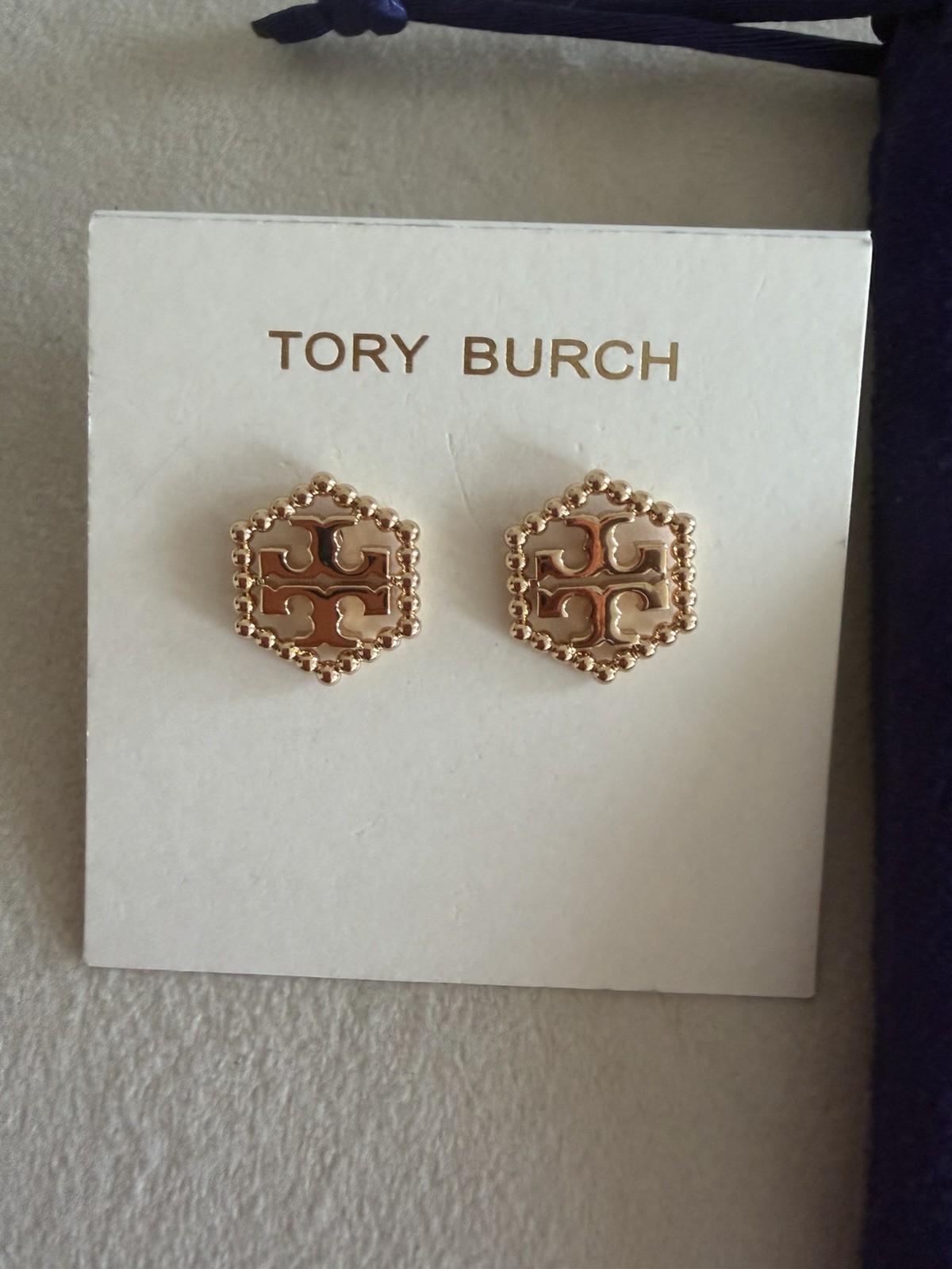 Tory Burch Stud Earrings Milgrain Hex design Gold Tone