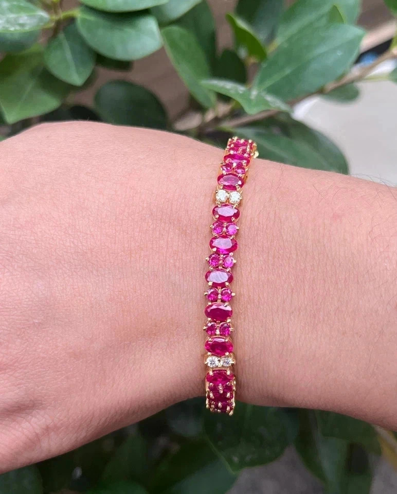 11.00Ct Oval Cut Natural Red Ruby & Diamond Tennis Bracelet 14K Yellow Gold 7″