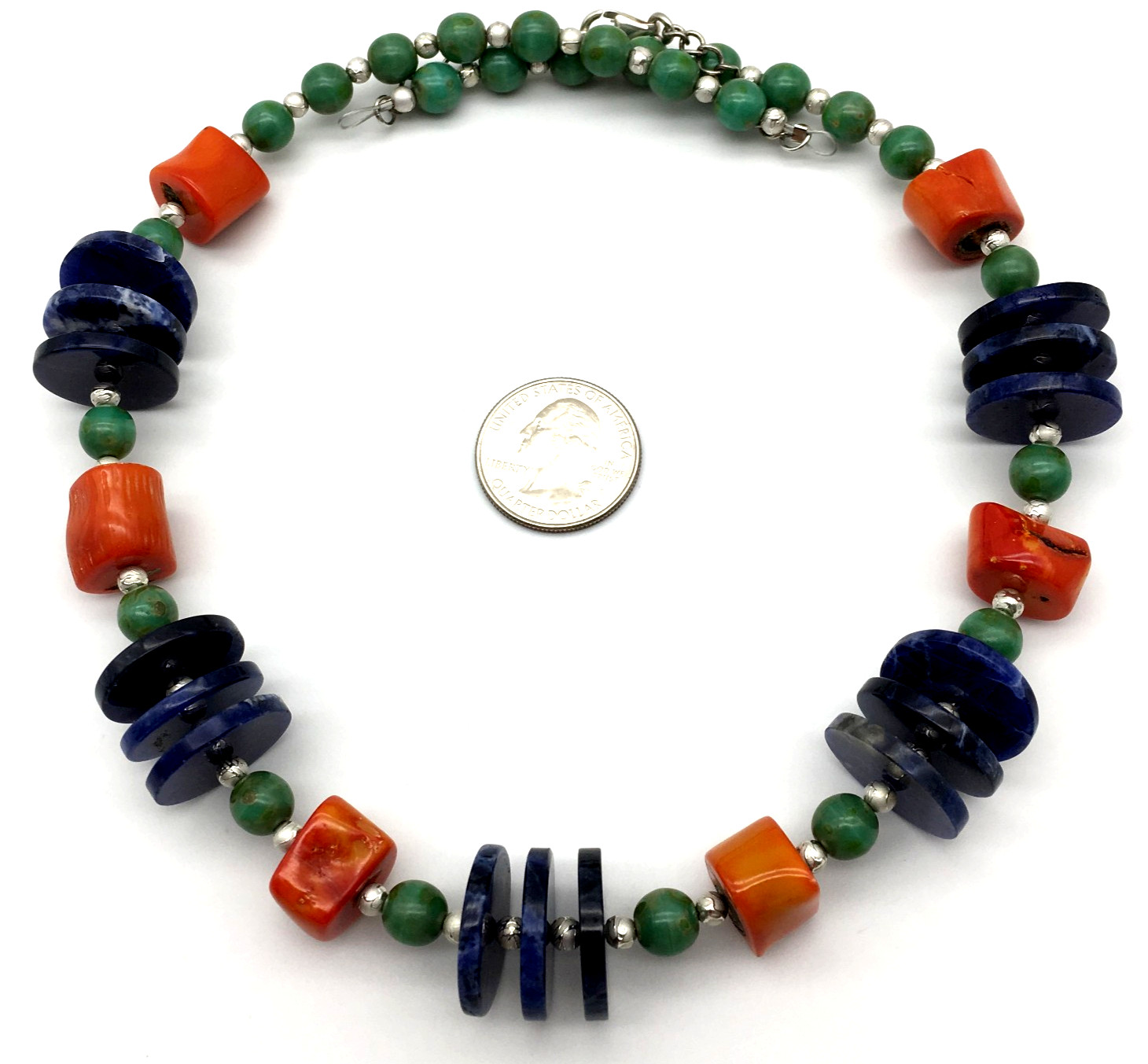 925 Lapis Discs Chalcedony Beads Coral Nuggets ST Etched Seed Beads 20″ Necklace