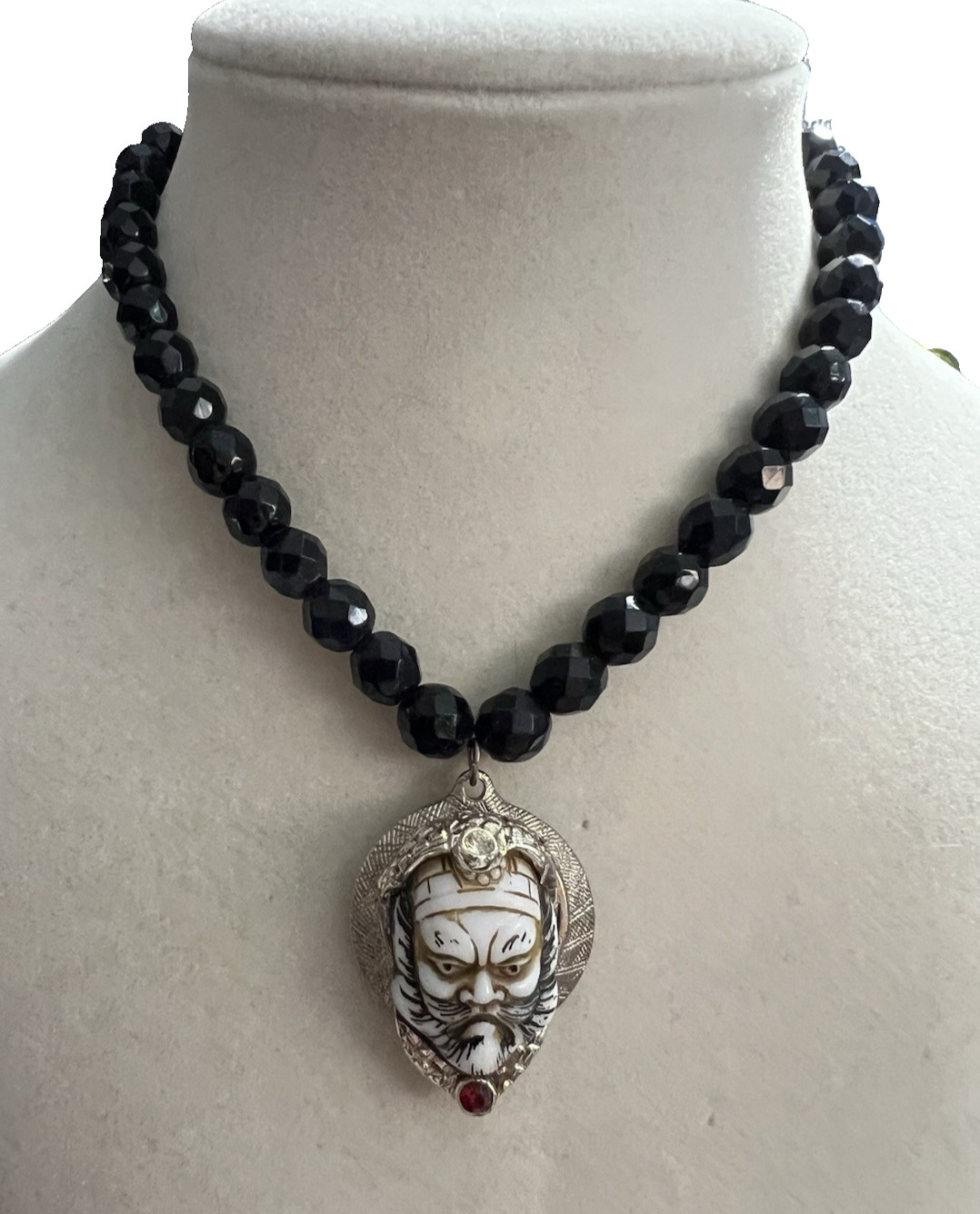 Vintage 15” Black Crystal Faceted Beaded Choker With Asian Warrior Pendant