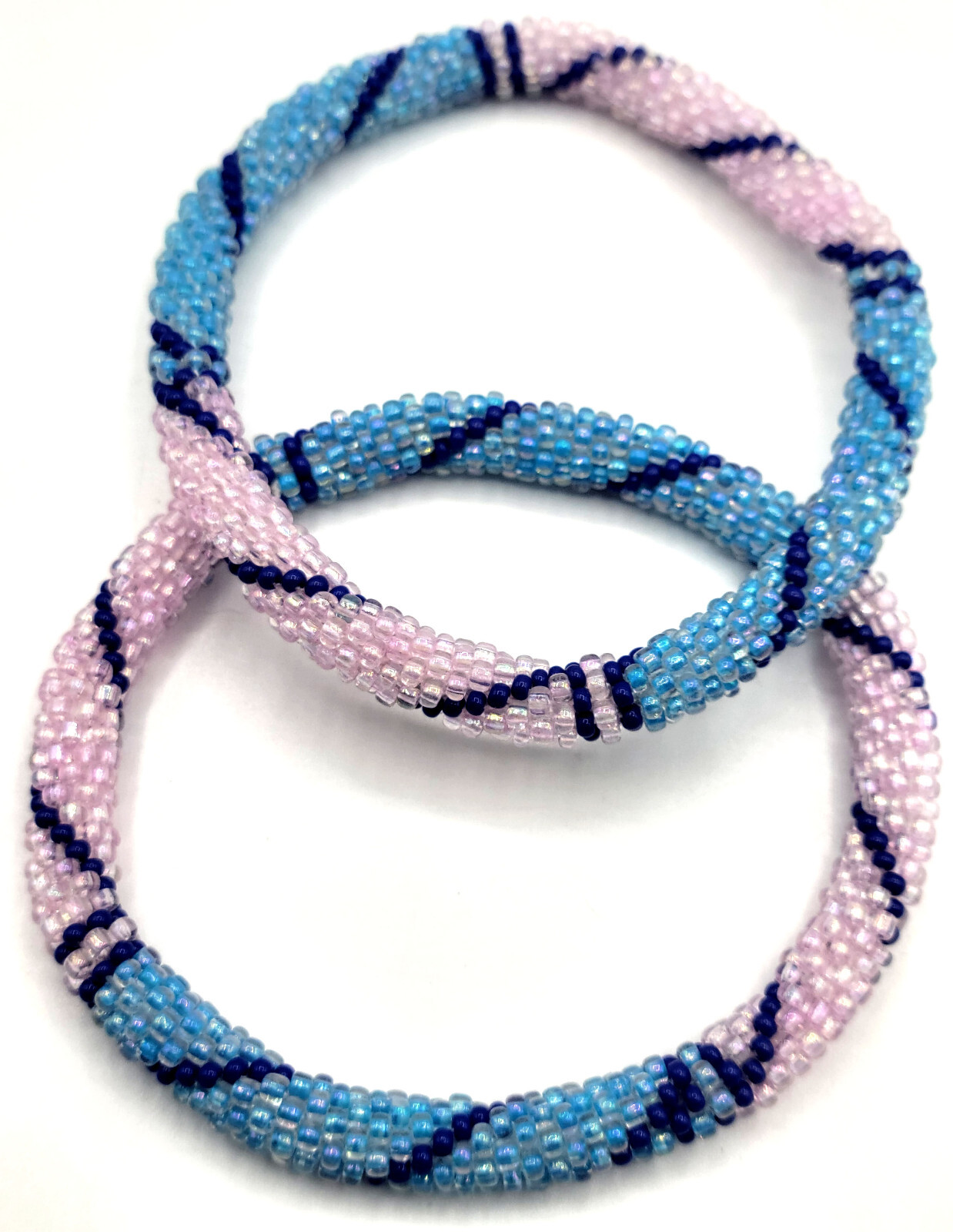 Set of 2 Handmade Beaded Bracelet Nepal Glass Bead Stackable Crochet Bracelets