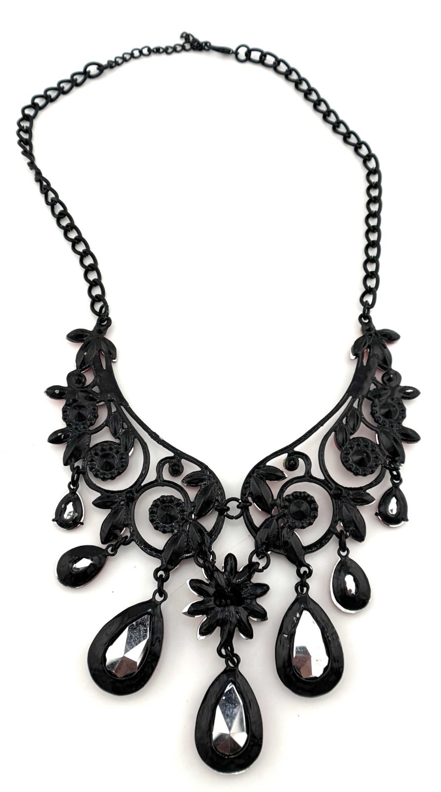 Black Tone Red Rhinestone Gothic Statement Bib Necklace Crystal Teardrop 18-21″