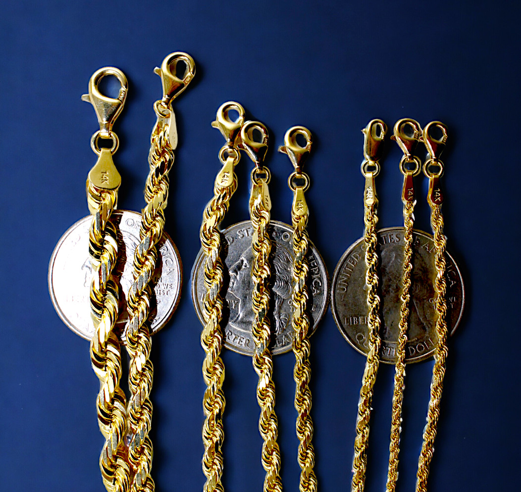 14K Yellow Gold SOLID Rope Chain Bracelet Diamond Cut Real Gold 1mm-12mm 7″-9″