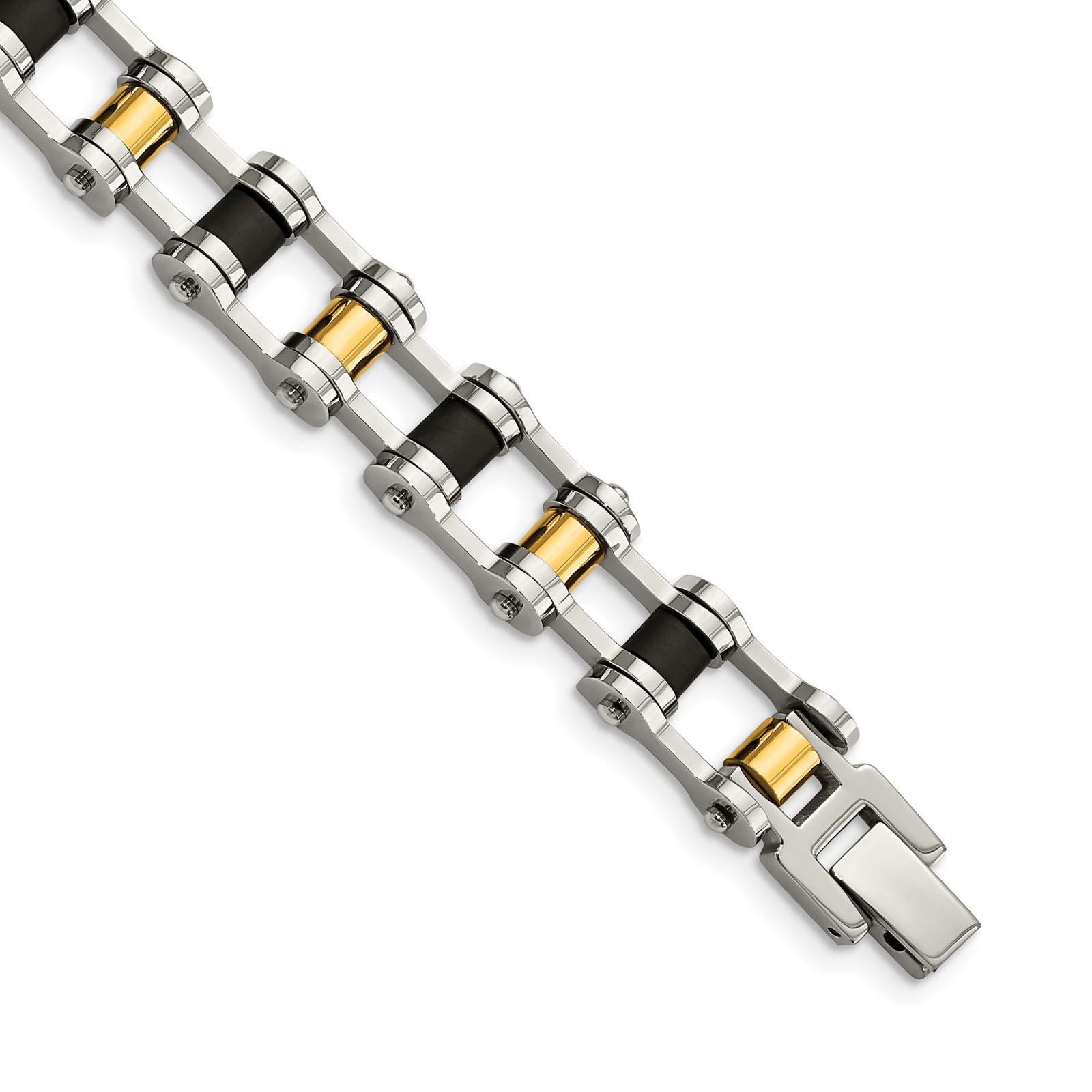 Chisel Stainless Steel Polished Yellow IP-plated with Black Rubber 8.75 inch Bra