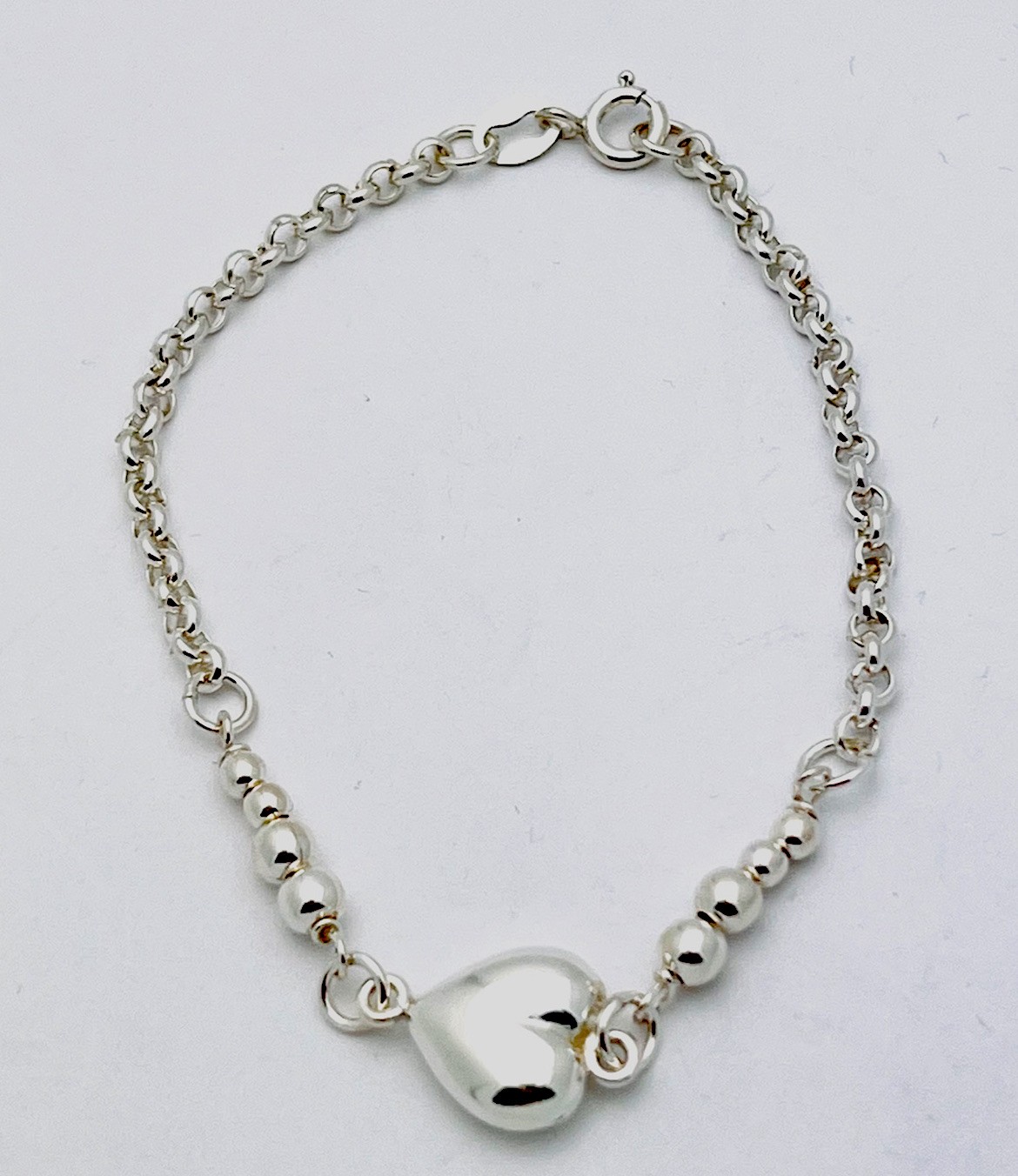 925 Sterling Silver 5.3 Gram Puffed Heart Ball Link Bracelet 7 1/2”