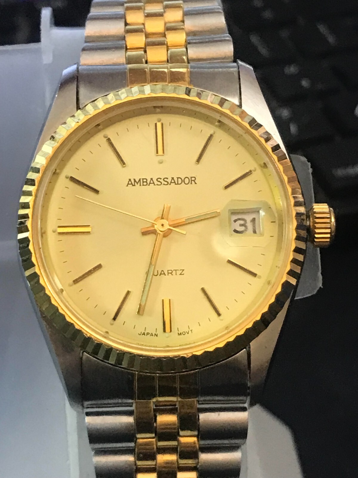 Ambassador 35mm 2 Tone Gold Dial President Date Quartz Men Watch, Run (Lot2342)