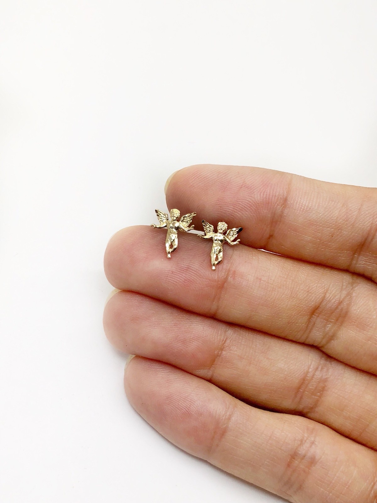 14k Solid Yellow Gold Angel Stud Earrings Push Back