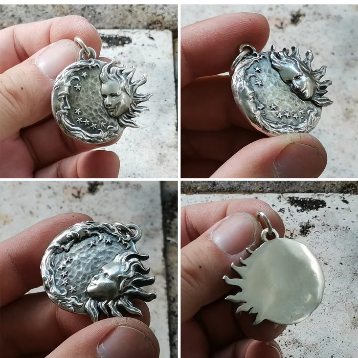 MOON SUN FACE STARRY STAR CELESTIAL Pendant 925 Sterling Silver 26″ Necklace