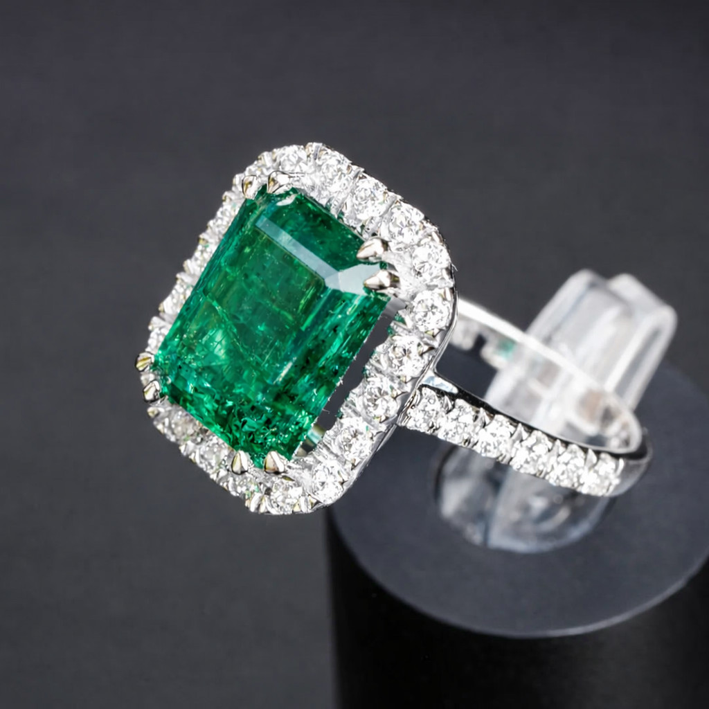 IGL Certified 4.80 Ct Natural Emerald & Diamond Wedding Gift Ring 14K White Gold