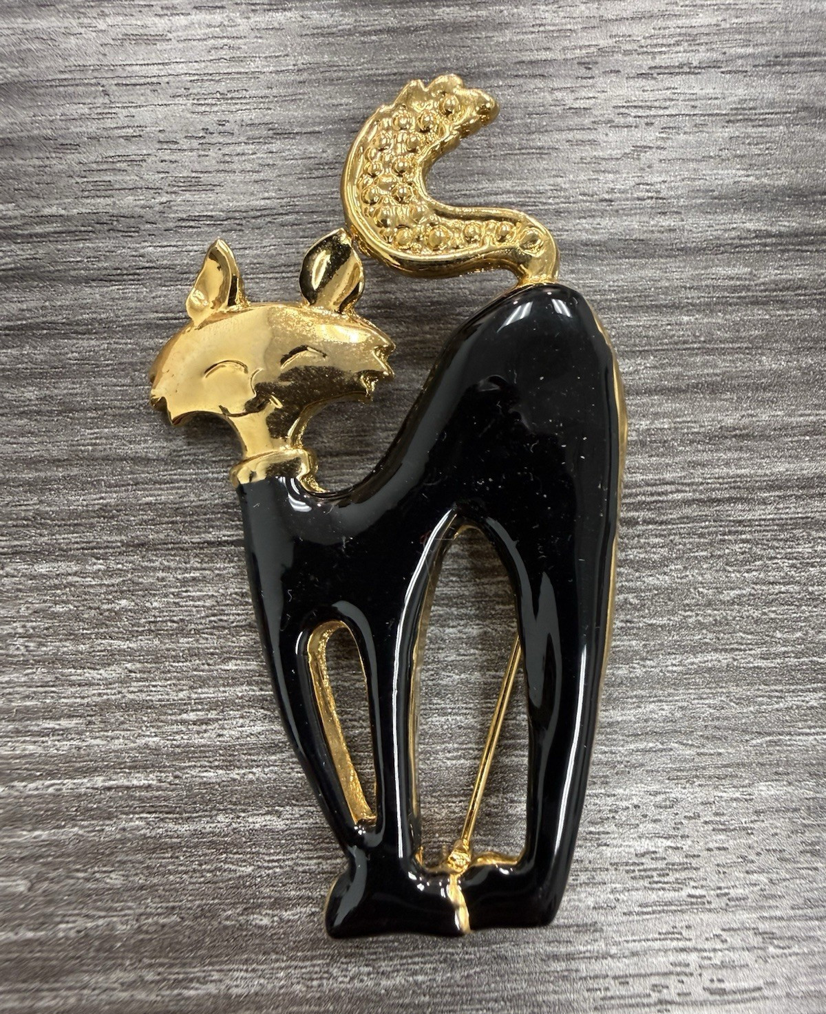 Black Gold Tone Enamel Cat Brooch Pin, Animals & Insects Theme, No Stone, 2 in