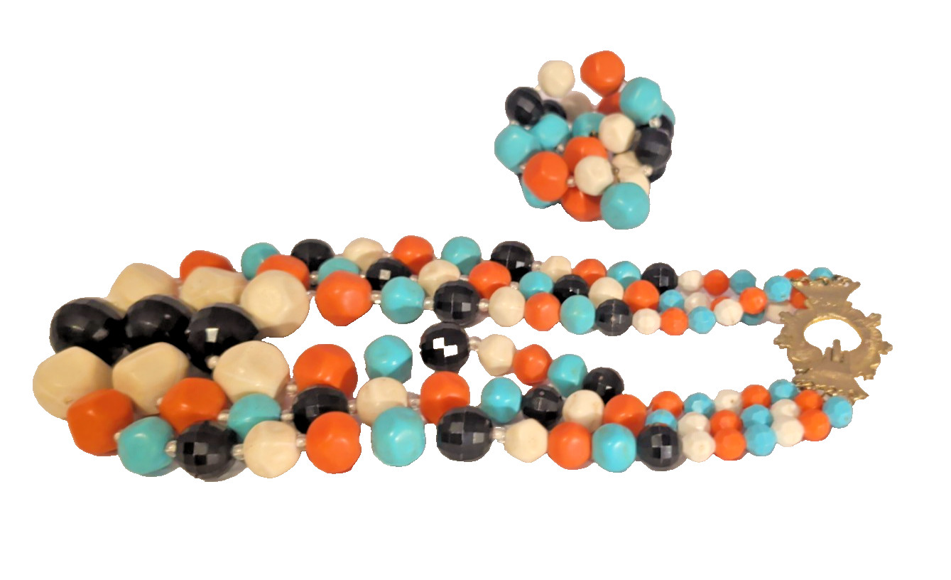 Vintage Multi-Color MCM 3 Strand Beaded Necklace & Single Strand Wrap Bracelet