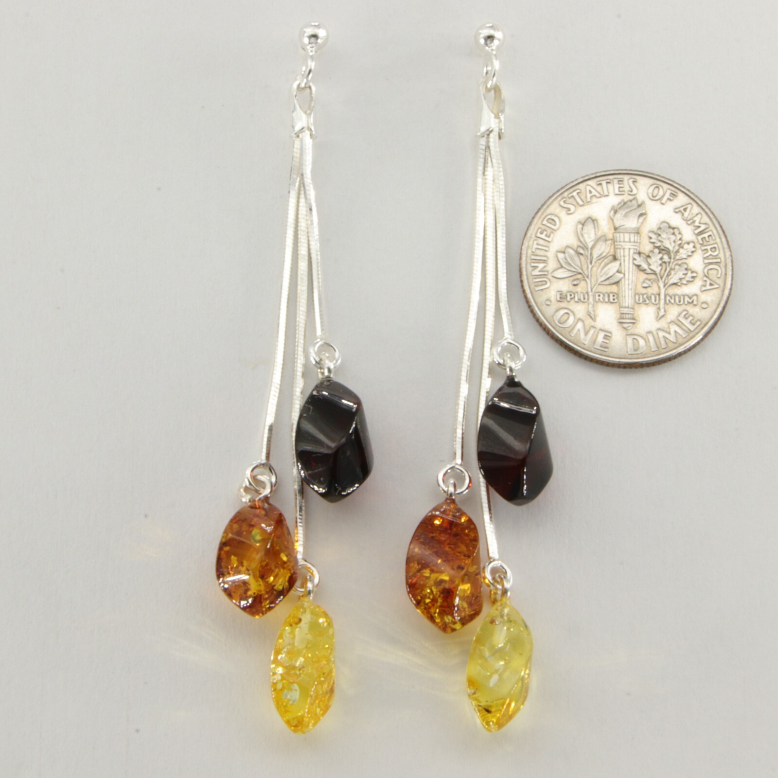 Multi-Color BALTIC AMBER Dangle Post Earrings 925 STERLING SILVER Poland #4809e