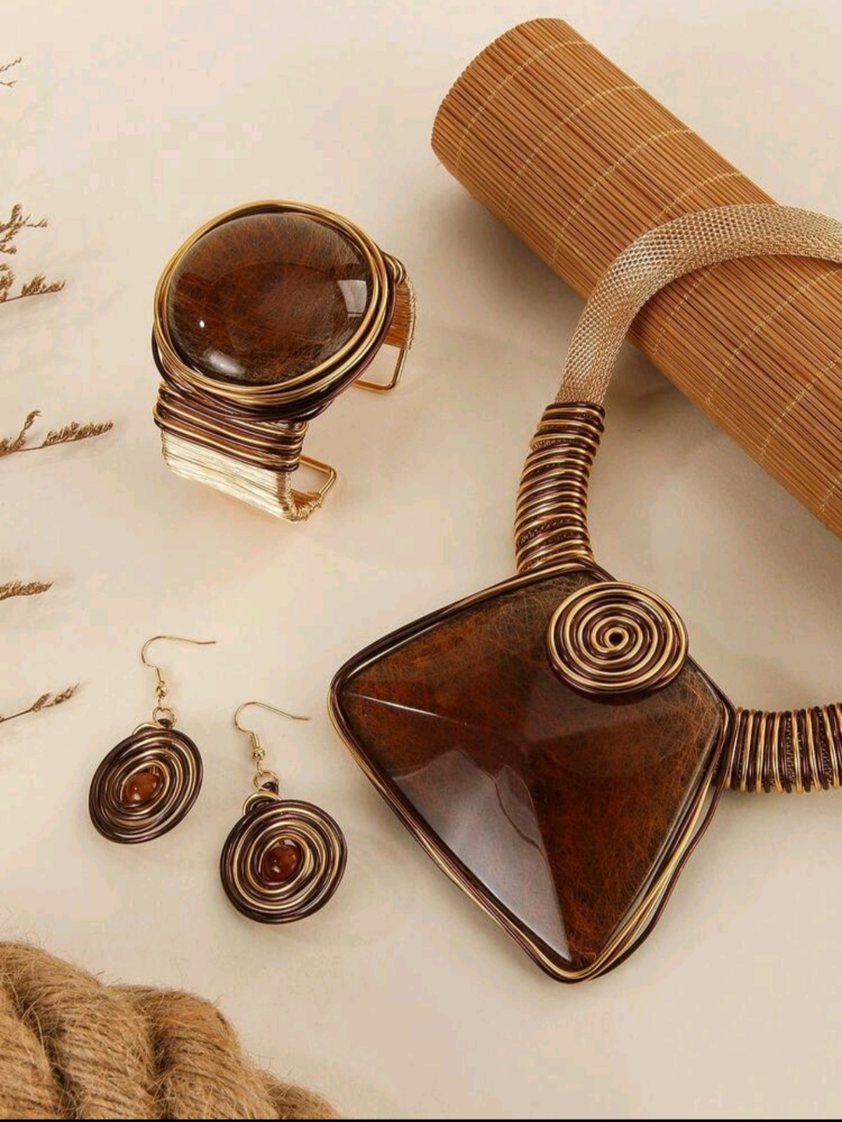 Exquisite 3-Piece Statement Jewelry Set Dark Gold Bohemian Chunky Necklace Set