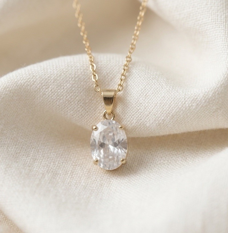 Gold Oval Crystal Solitaire Pendant Necklace Minimalist Mejuri Bezel CZ