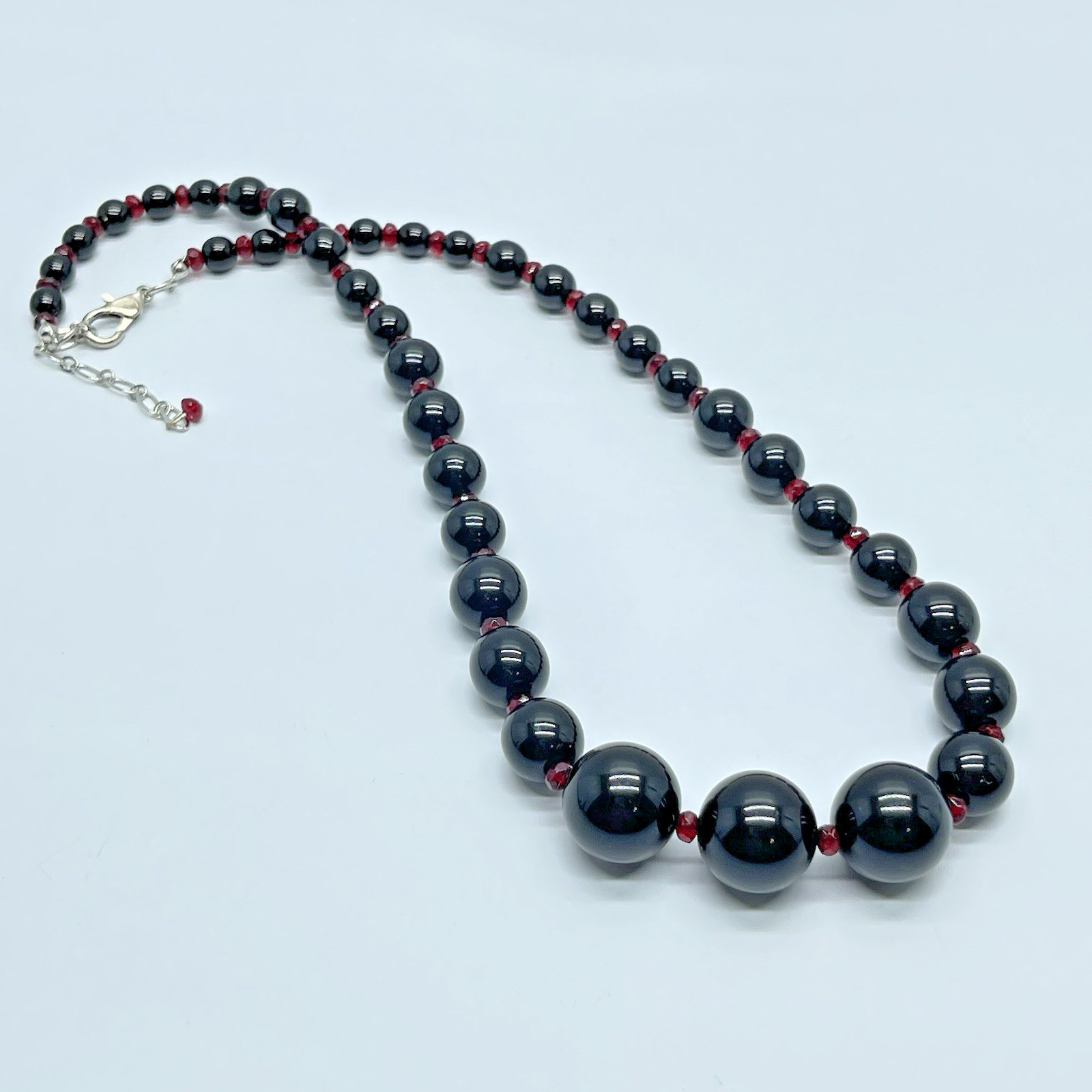 Gothic Black Beaded Necklace Graduated Bead Ruby Red Crystal Spacer Silver Tone