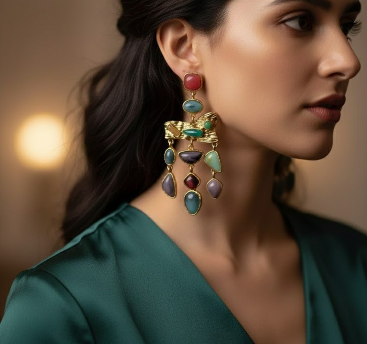 Vintage Boho Multicolor Gold Statement Stone Earrings Birthday gift Vacation