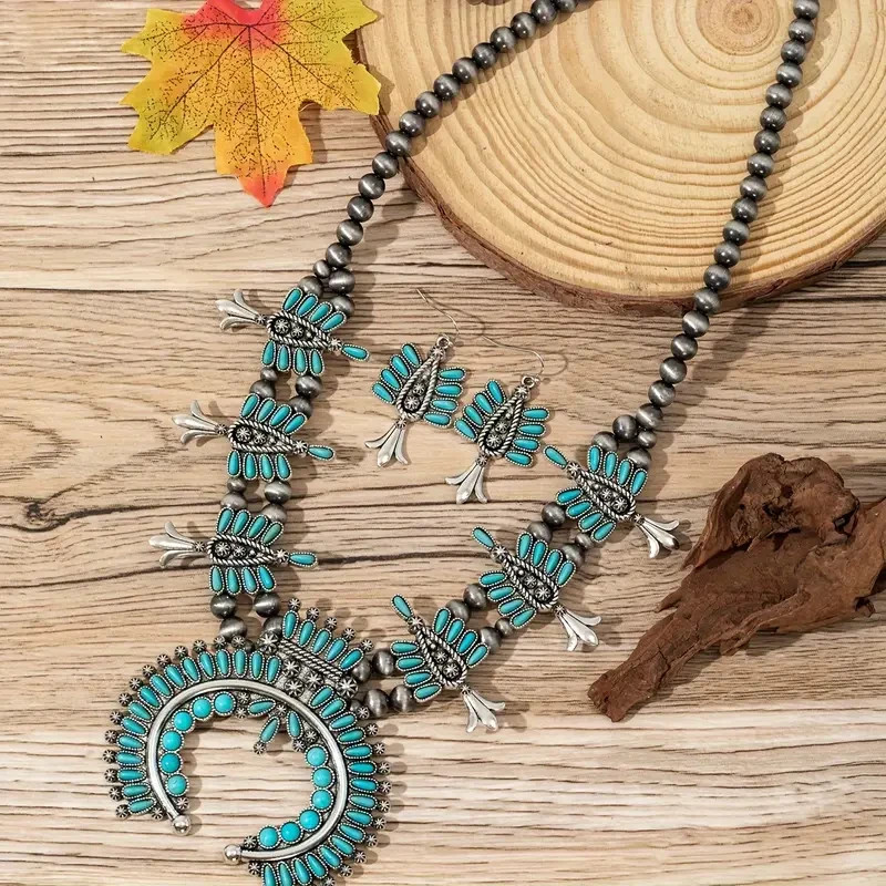Boho 925 Sterling Silver Gypsy Ethnic Tibetan Turquoise Earrings Necklace Set