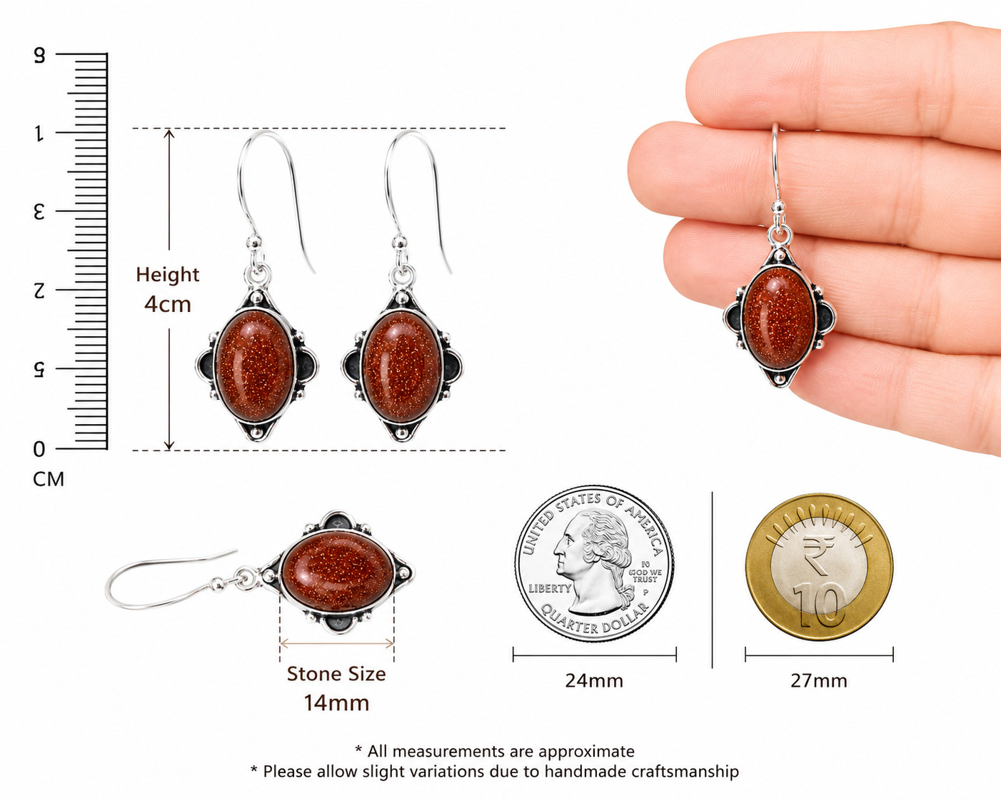 Handmade Goldstone Dangle Drop Earrings 925 Sterling Silver Boho Gift for Women
