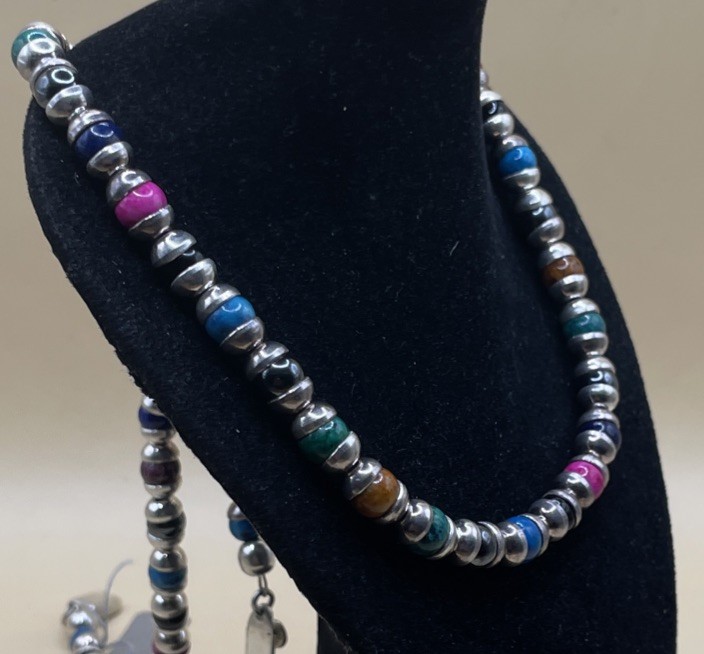 Taxco Mexico Assorted Gem Set Sterling Silver Necklace 22.5in (54.3g)