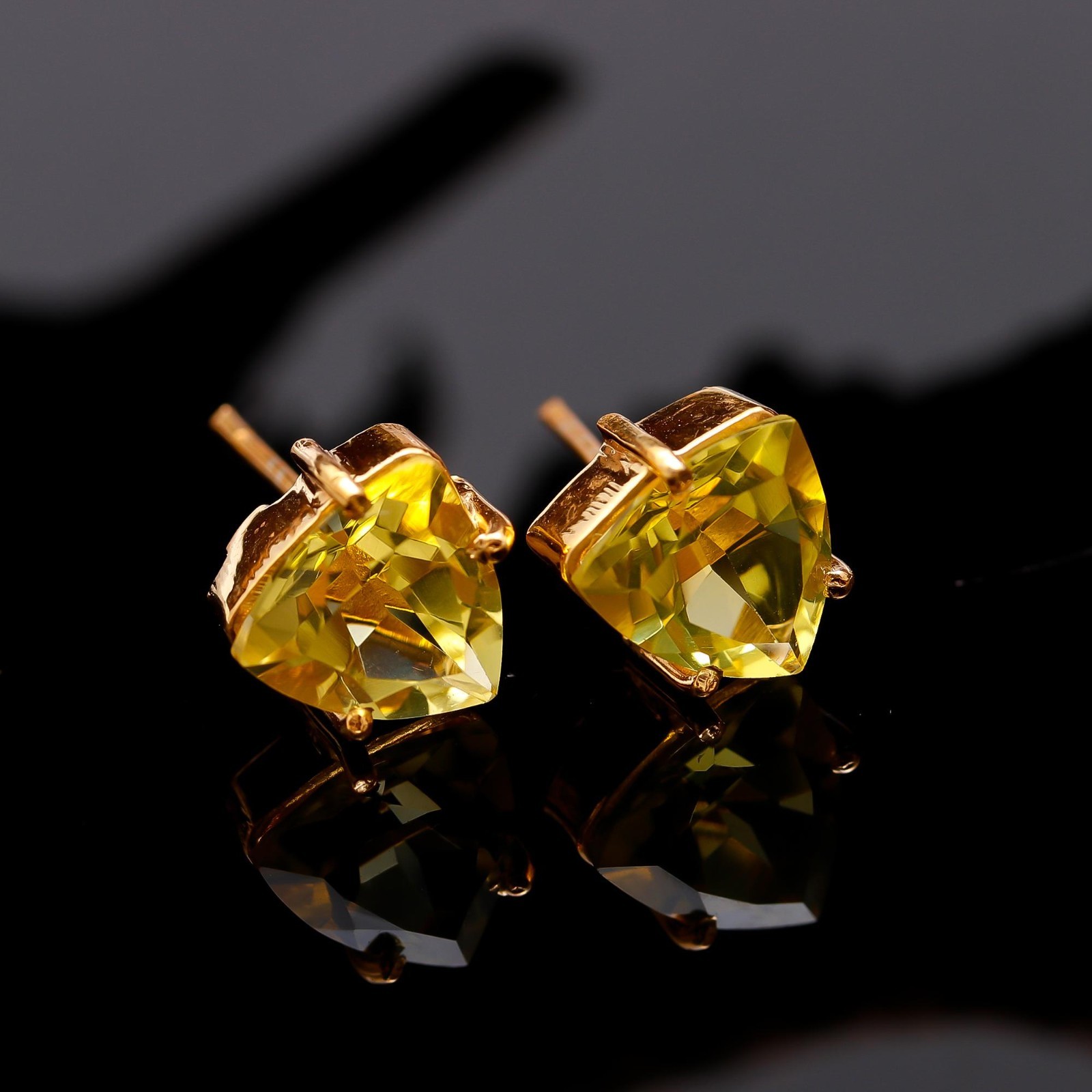 Natural Lemon Quartz Trillion Stud Earring Gold Fill 925 Sterling Silver Jewelry