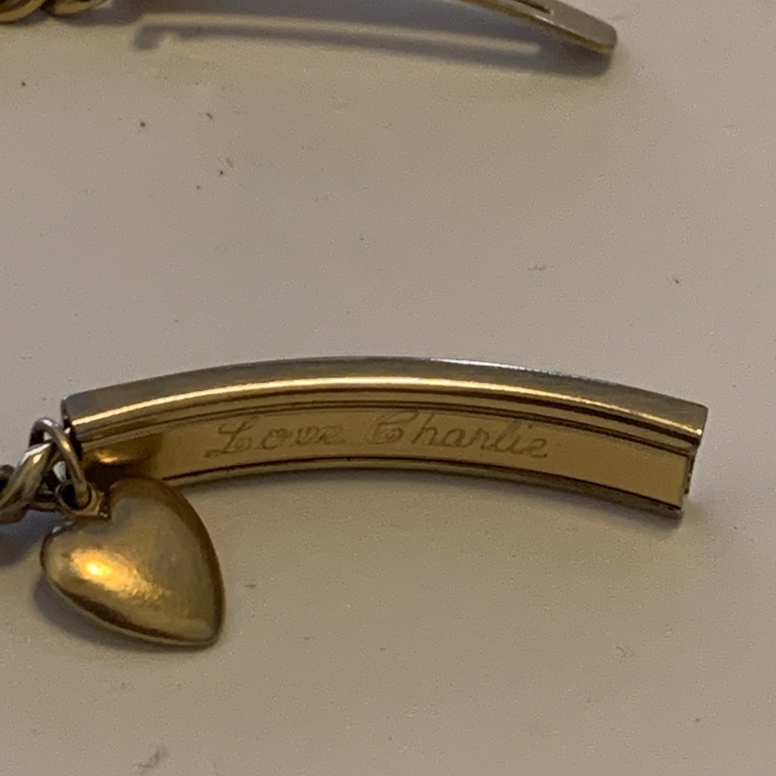 Signed Speidel USA Vtg Gold Tone ID Bracelet Engraved Dangle Heart Gold Plated