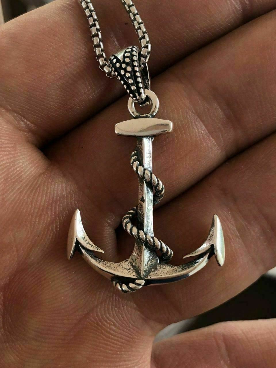 Solid 925 Sterling Silver Nautical NAVY Anchor Mens Pendant W. 22” Chain 1×1.5”