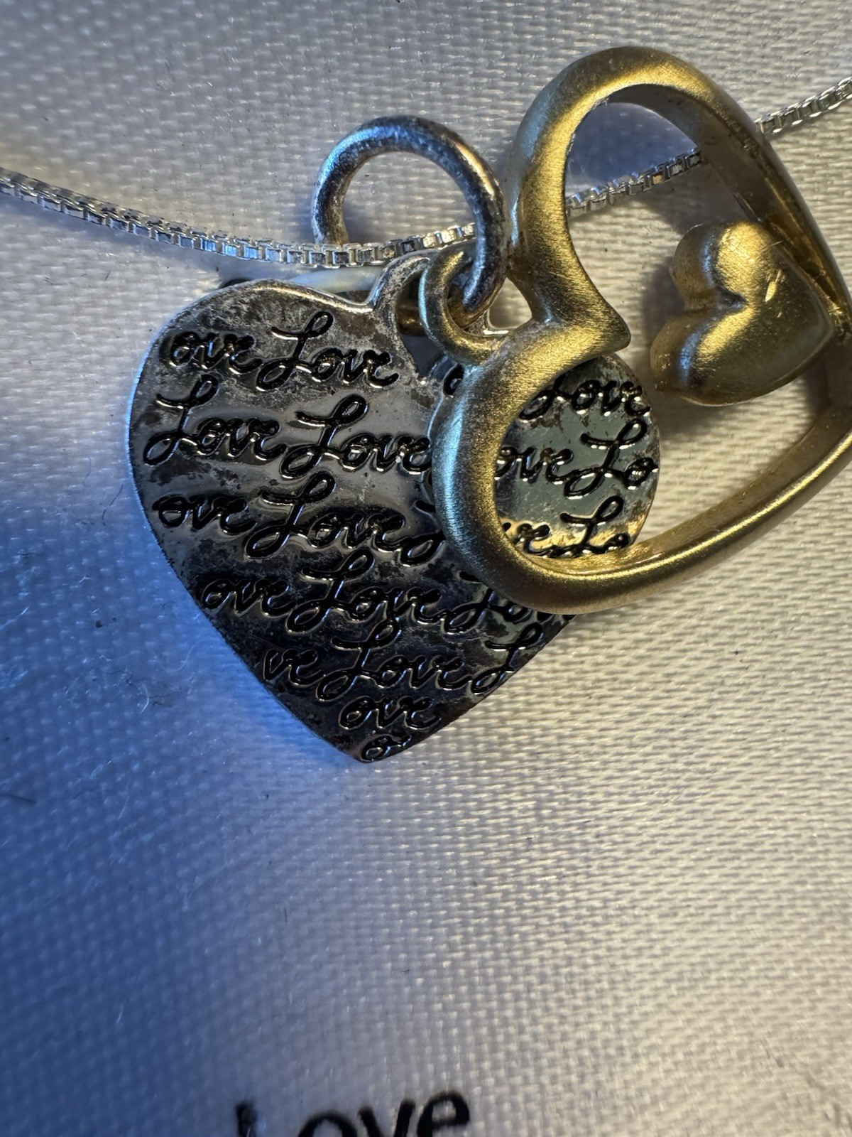 Kohl’s Sterling Silver Necklace LOVE 2 heart Charms BRAND NEW gold and silver